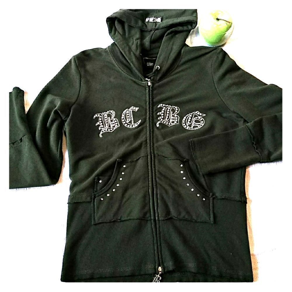BCBG Y2K  Women Olive Green Bling green hooded jacket sz L